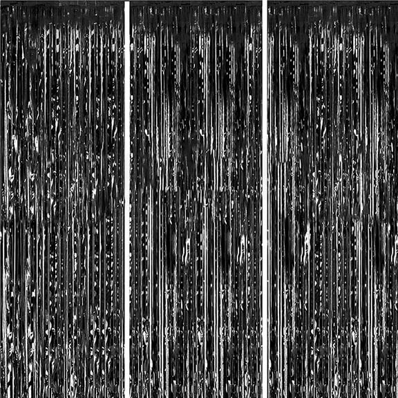 Wattne Black Metallic Tinsel Foil Fringe Curtains, 3.28' x 6.56' (3 Panels)