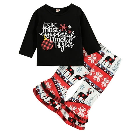 

Aompmsdx Toddler Girls Christmas Long Sleeve Cartoon Letter Deer Printed Tops Bell Bottoms Flare Pants Kids Outfits Christmas Dress