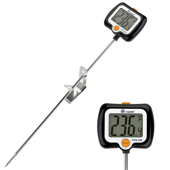 KT THERMO Digital Candy Thermometer, LCD Instant Read Food Meat Thermometer with 10" Probe and Pot Clip（Black）