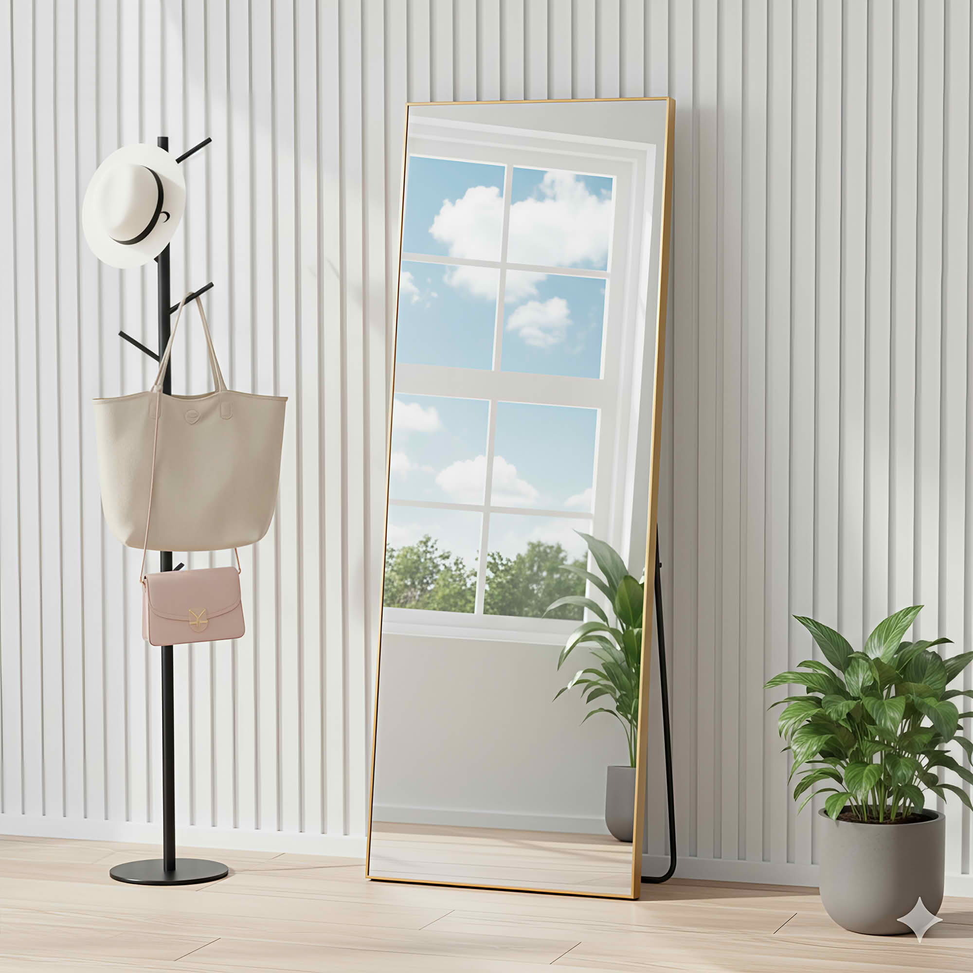 MAYEERTY 64"x21" Aluminum Right Angle Full-Length Mirror, Tempered Glass With Stand, Gold