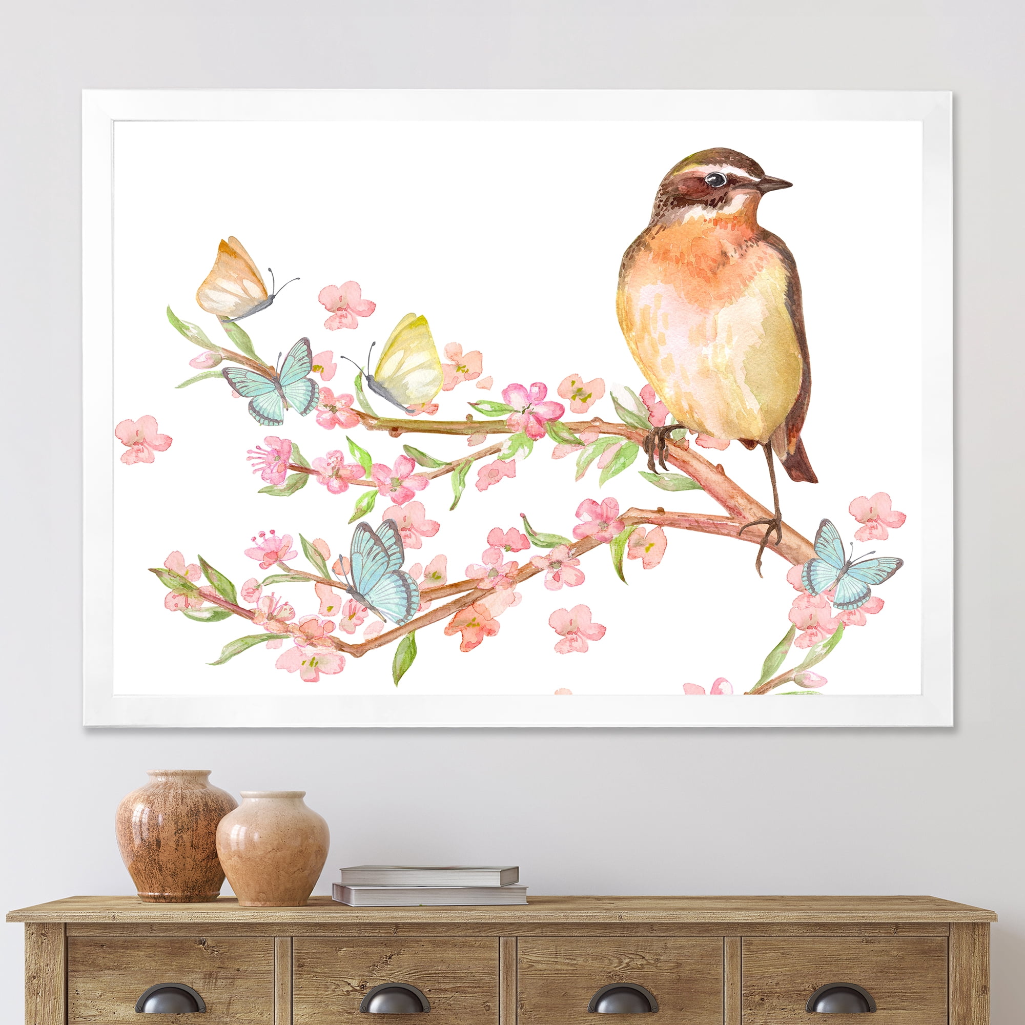 Designart 'Lovely Bird Sitting On Branch of Sakura With Butterflies' Traditional Framed Art Print