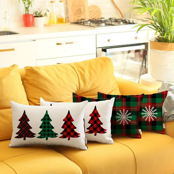 Decorative Christmas Tree & Plaid Throw Pillow Set of 4 Lumbar 12 in. x 20 in. White & Red for Couch, Bedding