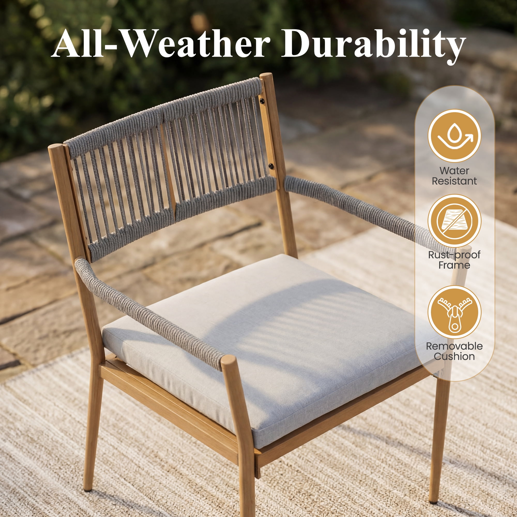 Dayalane Outdoor Dining Chairs Set of 2, Rope Rattan Patio Chairs with Cushions & Armrests, Weather-Resistant Metal Frame for Patio, Balcony/Bistro, Grey
