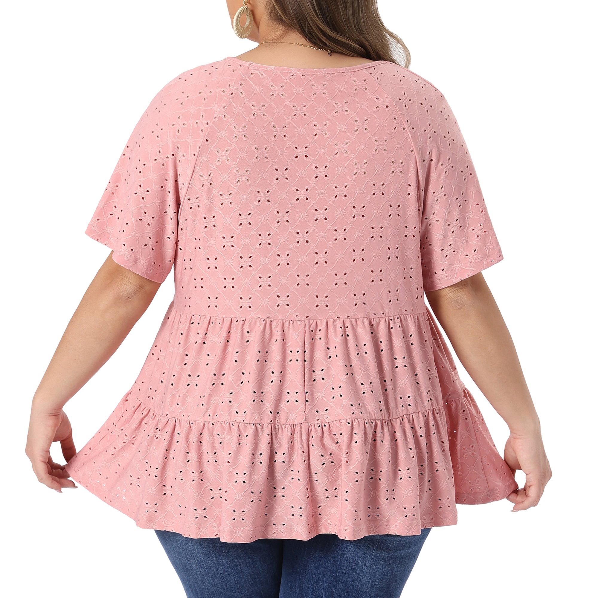 DARING DIVA Women's Plus Summer V Neck Casual Babydoll Blouse 2X Pink