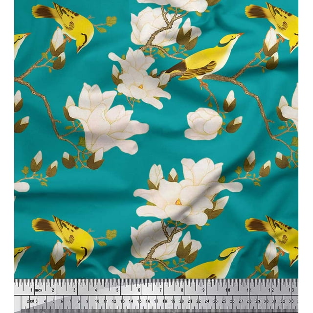 Soimoi Green Rayon Fabric Floral & Leaves Bird Bird Print Fabric by Yard 42 Inch Wide