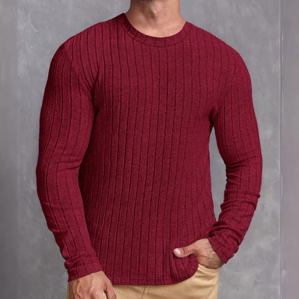 pstuiky camisa de manga larga para hombre, Blusas casuales de cuello redondo y manga larga de color liso para hombre camisetas de hombre m