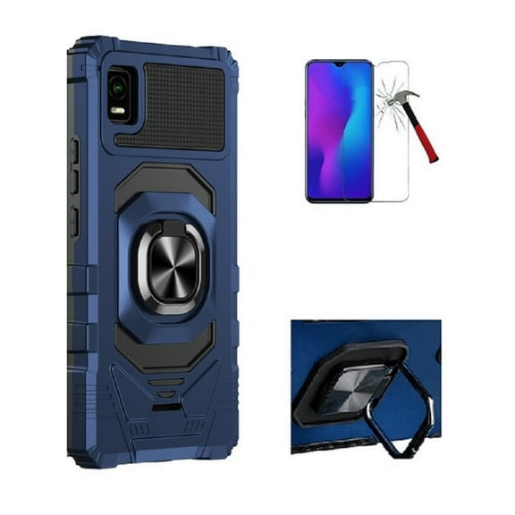 Tommulti Case for AT&T Calypso 3, Ring Stand Hybrid Case Cover   Tempered Glass (Blue)