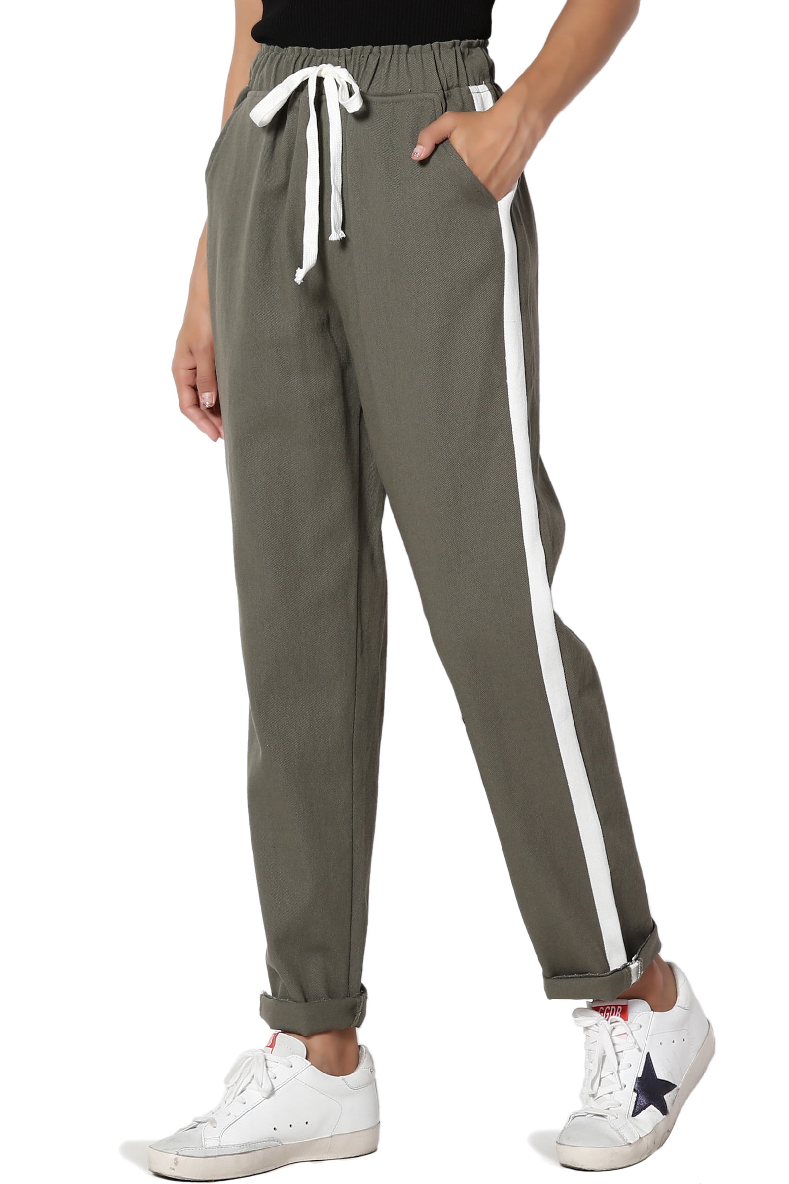TheMogan Women's Side Stripe Drawstring Elastic High Rist Pull On Taper