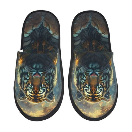 Balery Forest Meditating Tiger Slient Indoor Furry Fleece Comfort House Shoes Soft Non-Slip Home Shoes Cotton slippers House Slippers-- Medium