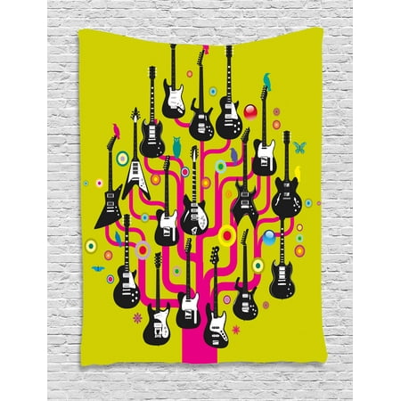 Music Tapestry, Guitars for Rock Stars Above a Tree Plant Modern Geometric Design Print, Wall Hanging for Bedroom Living Room Dorm Decor, 60W X 80L Inches, Hot Pink Apple Green, by