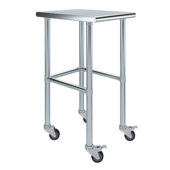 AmGood 18" Long x 24" Deep Stainless Steel Work Table With Open Base and Wheels | Mobile Metal Table