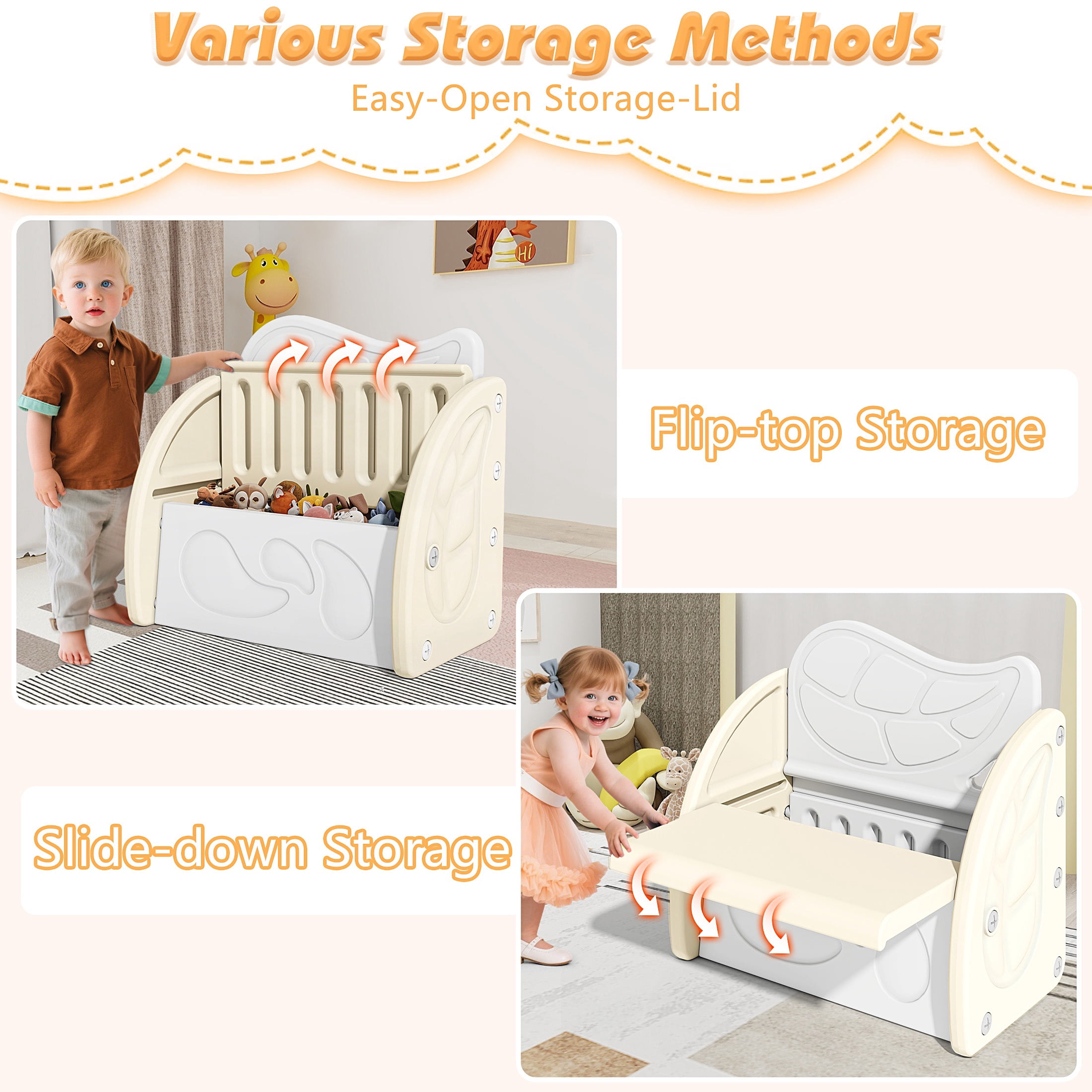 PAPROOS Kids Toy Box, Cute Toy Chest Organizer with Seating Bench and Sliding Door, Toy Storage Chest for Girls Boys, Modern Toy Storage Cabinet for Playroom, Living Room, Bedroom, Beige+Light Gray