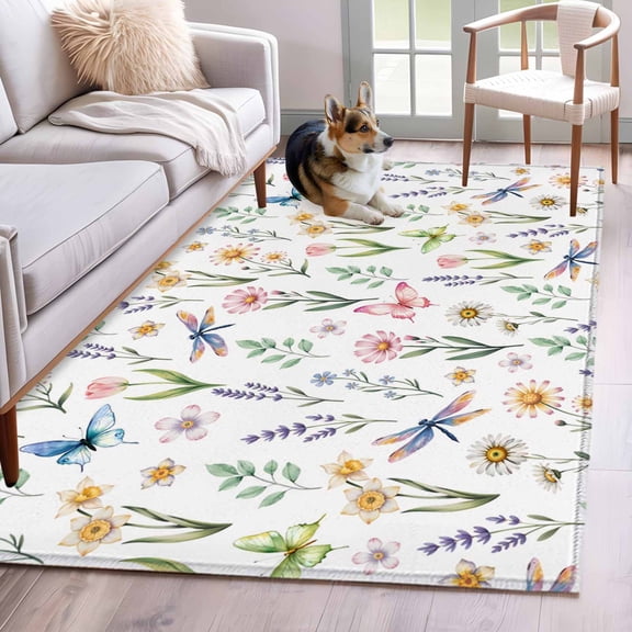 Spring Floral Area Rugs 3'x5', Small Throw Rugs for Living Room Bedroom, Elegant Pastoral Flowers Dragonfly Watercolor Indoor Outdoor Rug Non-Slip Low Pile Carpet Runner Reversible Floor Mats