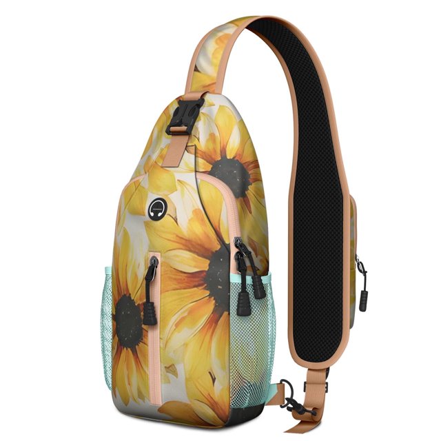Boho Sunflower and Butterfly Print Crossbody Bag – Water-resistant, Anti-theft Pocket – Rustic Yellow and Bloom Pattern