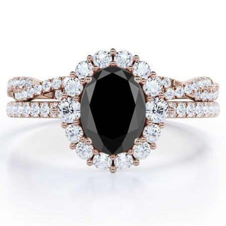 JeenMata Halo Cluster - 1.5 Carat Egg Shaped Lab Created Black Diamond and Moissanite - Pave Crossover Bridal Set - 18K Rose Gold Plating over Silver