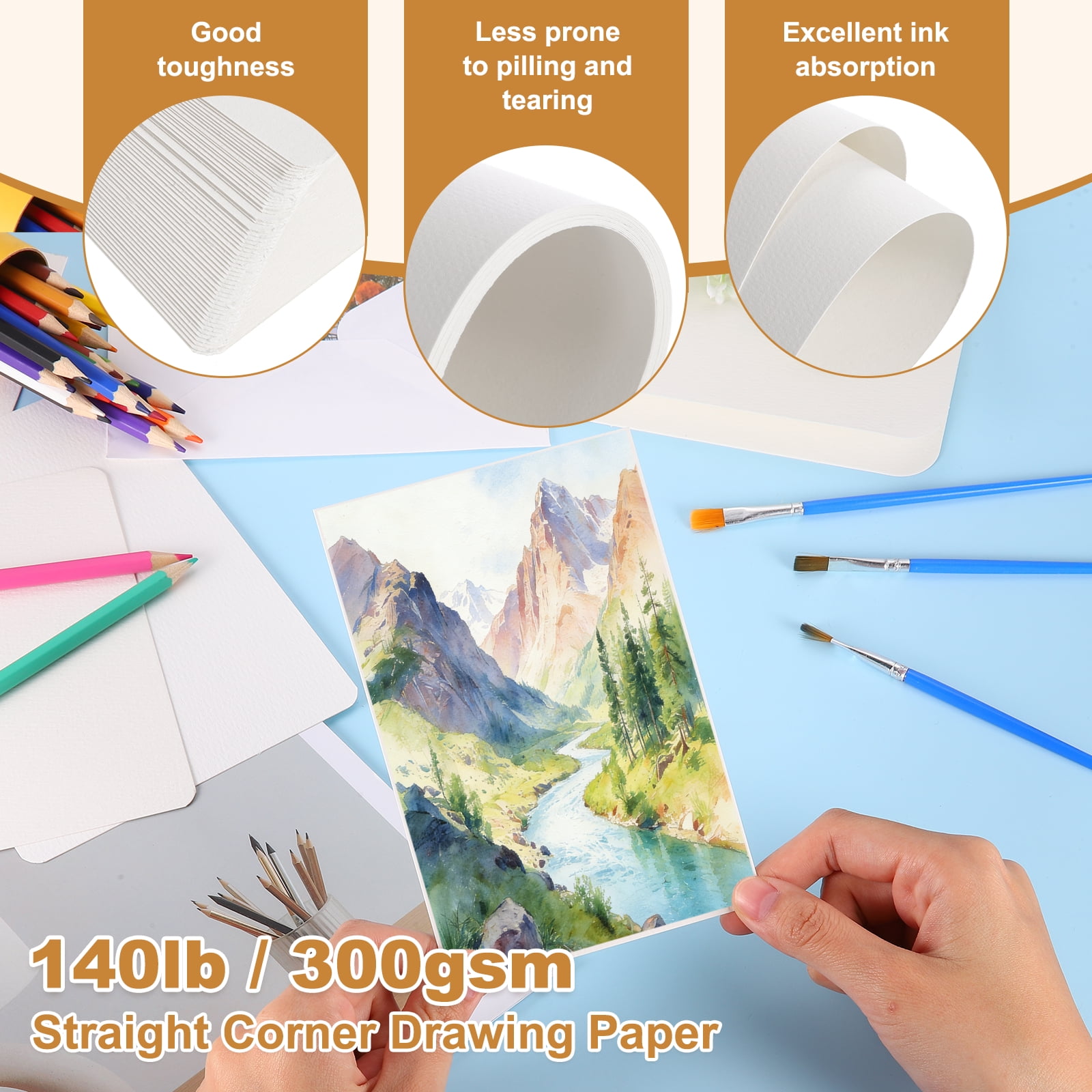 Uxcell 40 Set Watercolor Paper with Envelopes 7 x 10 Inch 140lb/300gsm Artist Painting Drawing Paper Cold Press Water Color Sheet for Sketchbook Journal (Round Corner)