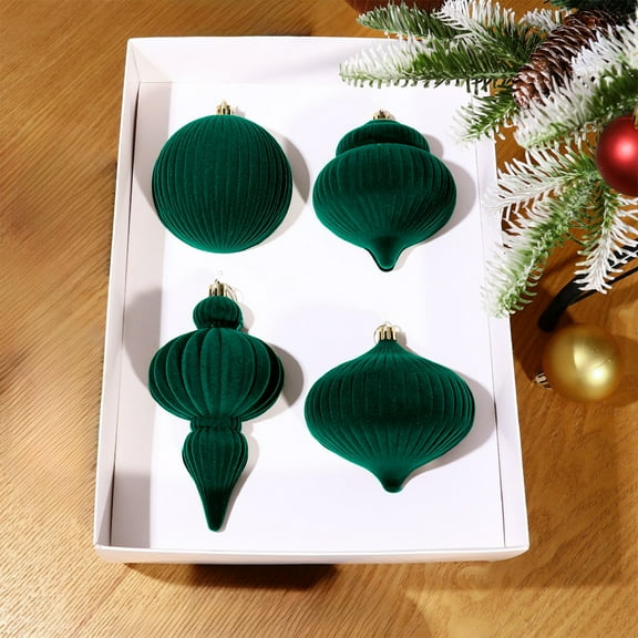 HCBY 4 Pcs 4-6 Inch Large Velvet Christmas Ball Ornaments Vintage Christmas Plastic Ball Ornaments Flocked Xmas Tree Hanging Decoration for Xmas Party Decor (Green)