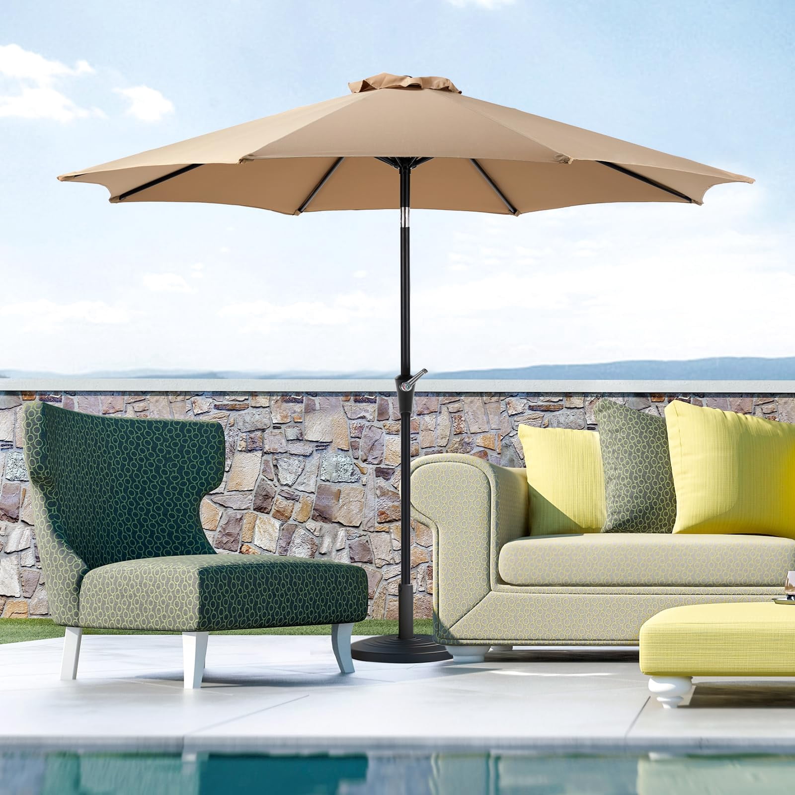 9ft Outdoor Patio Umbrella - UPF50+ UV Protection with Push Button Tilt, Crank and 8 Sturdy Ribs