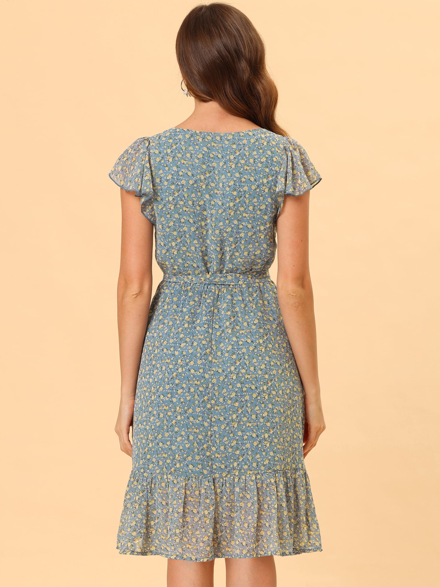 DARING DIVA Square Neck Flutter Sleeve A-Line Midi Dress XS Blue Gray