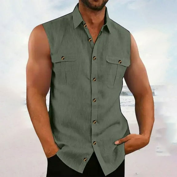 Handshe Men's Hawaiian Sleeveless Solid Color Linen Button - Up Shirt with Lapel Pocket Beach Shirt