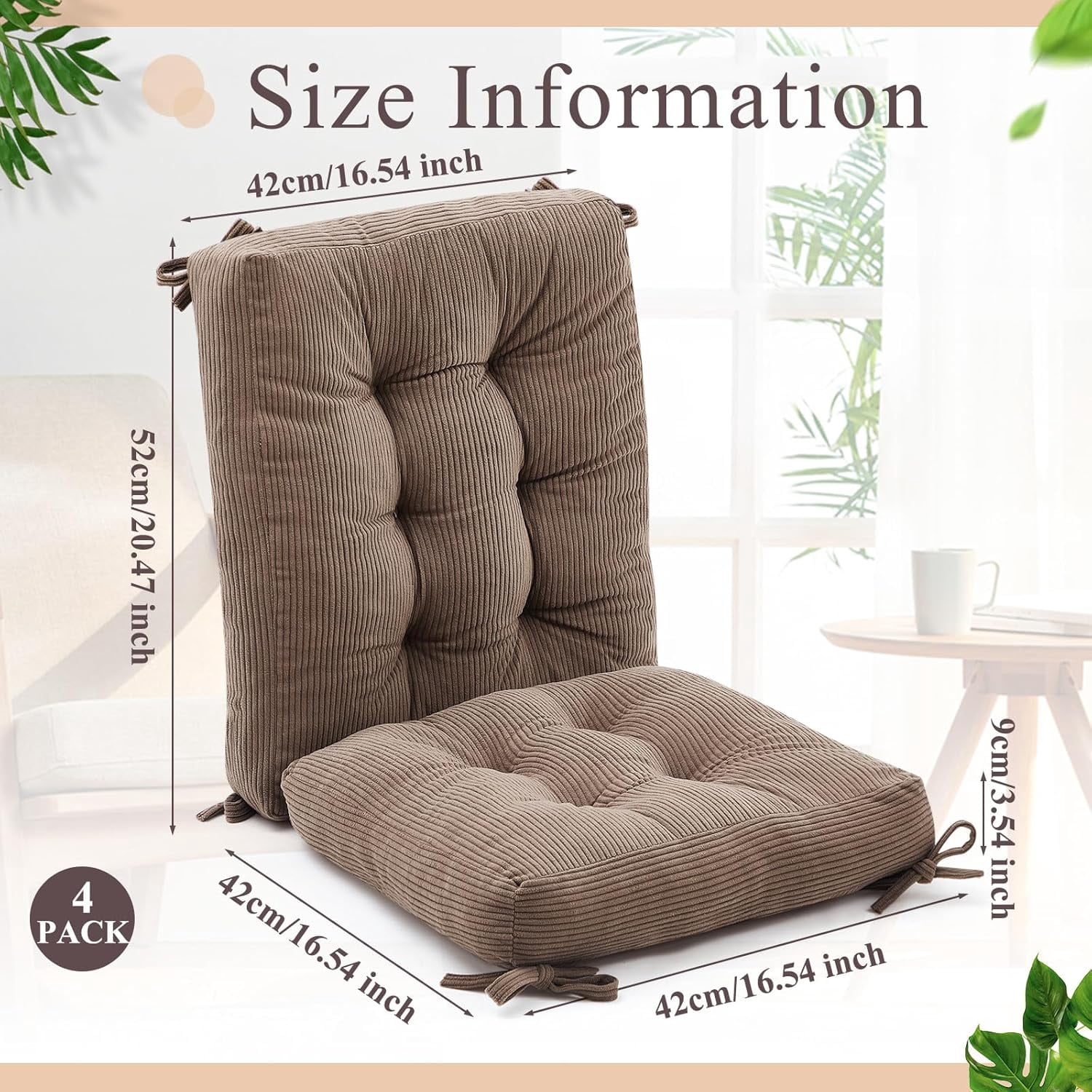 4 Set Outdoor Patio Chair Cushions Corduroy Seat High Back Tufted Pillow Replacement Rocking Patio Chair Pads for Outdoor Indoor Home Office(Grayish Brown)