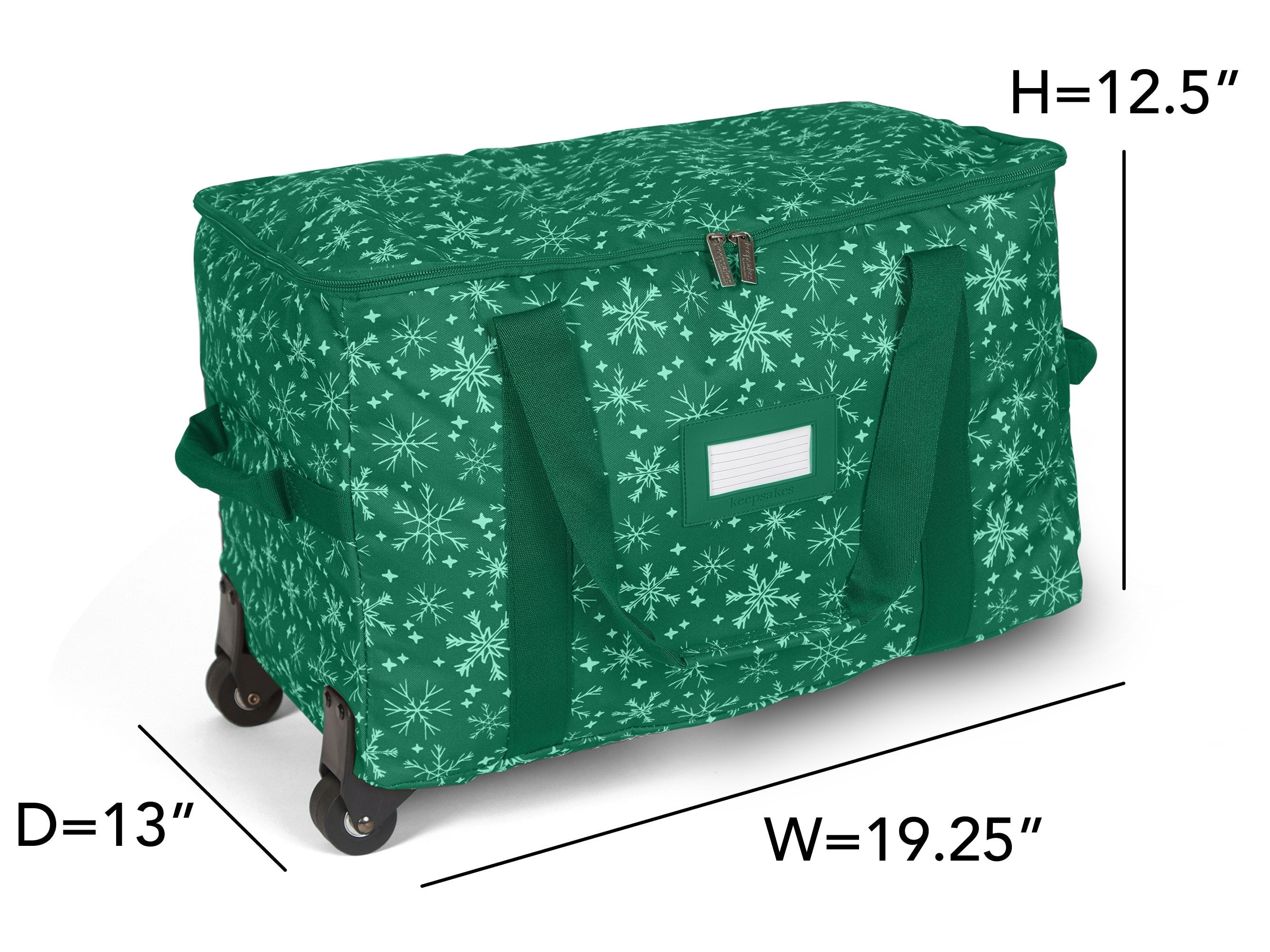 Covermates Keepsakes Rolling Treasurekeeper Storage Bag - Carrying Handles, ID Window, Dual Wheels - Holiday Storage, Green Snowflake