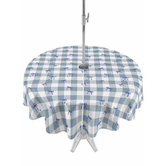 Outdoor Tablecloth with Umbrella Hole Zipper Blue Plaid Round Tablecloth 60" Waterproof Outside Table Cloth Farmhouse Checkered Elegant Pastoral Patio Table Cover Tablecloths for Picnic Party