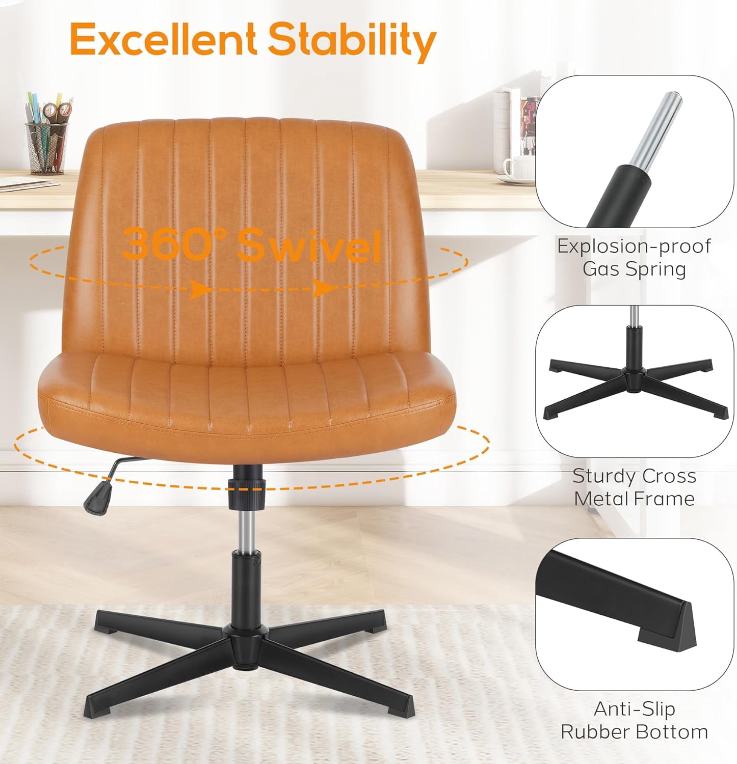 Criss Cross Chair, Cross Legged Office Chair, Wide Comfty Desk Chair, No Wheels Armless Computer Task Chair, Swivel Vanity Home Chair, Height Adjustable