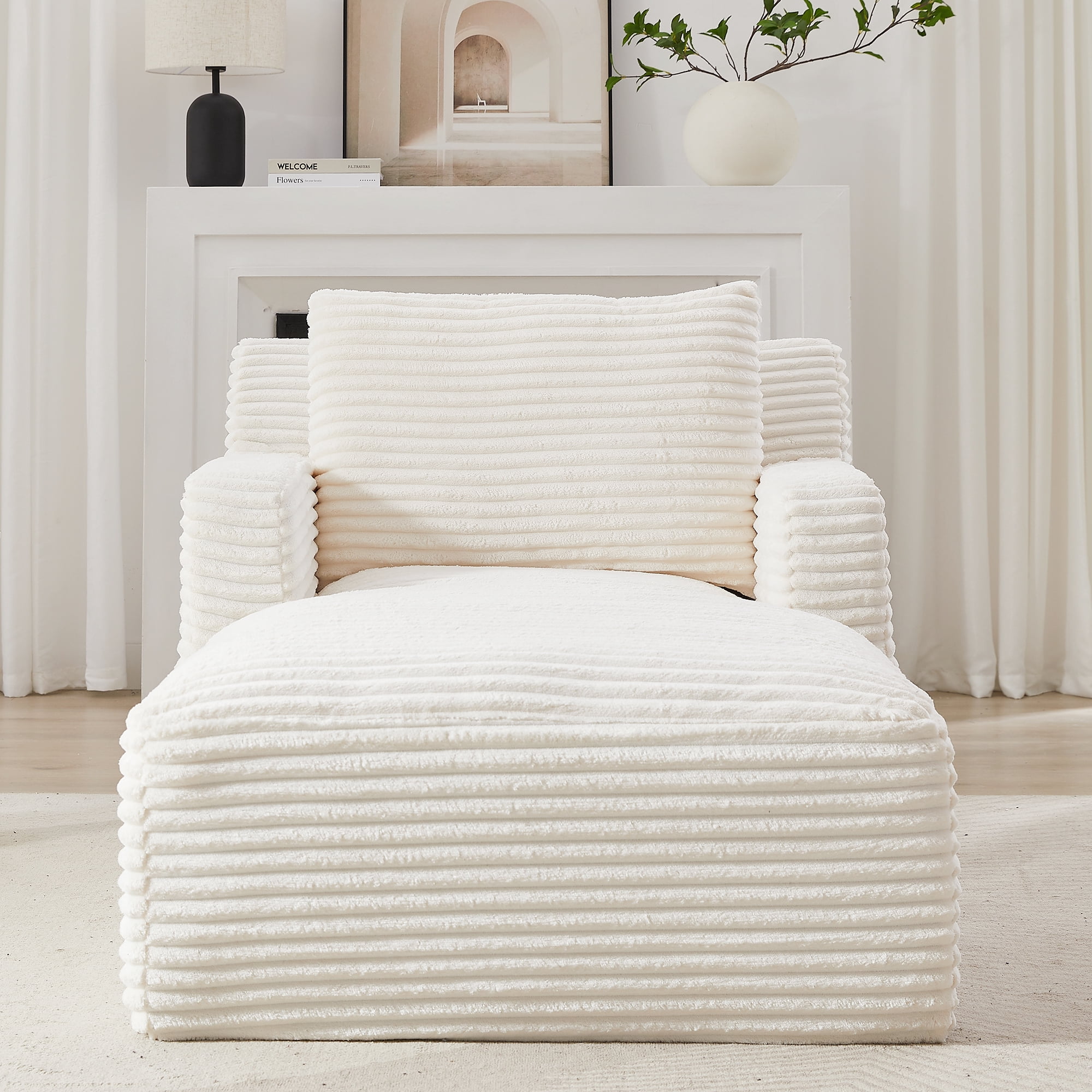 MAYEERTY Corduroy Single Chaise Lounge Sofa, Modern Comfy Sleeper Couch for Apartment, 65×39" White