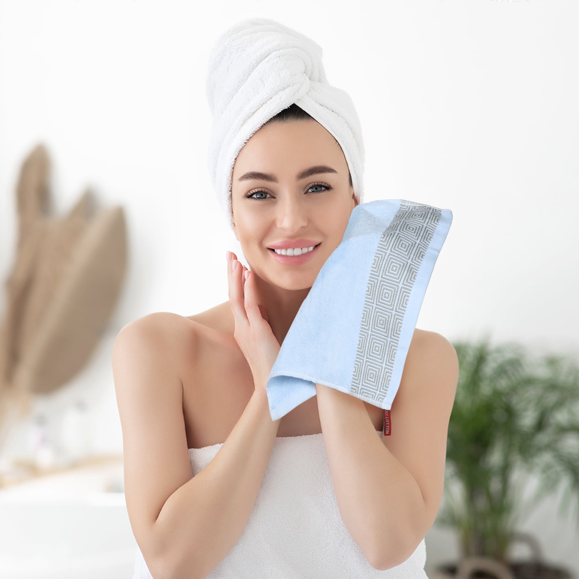 Unique Bargains Geometric Washcloths Set Cotton Bath Towels Low Lint Blue 4