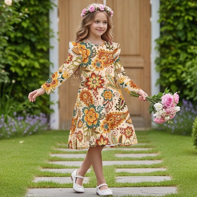 Fkelyi Art Boho Flower Print Girls Ruffle Sleeve Dress A Line Twirly Dress for Kids Midi Soft Fall Dresses Patchwork Playwear Sundress, 7-8 Y, Girl's,