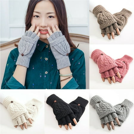 SUPERHOMUSE Half Fingerless Gloves Convertible Flip Knitted Artificial Wool Mitten Winter Warm Hand Gloves