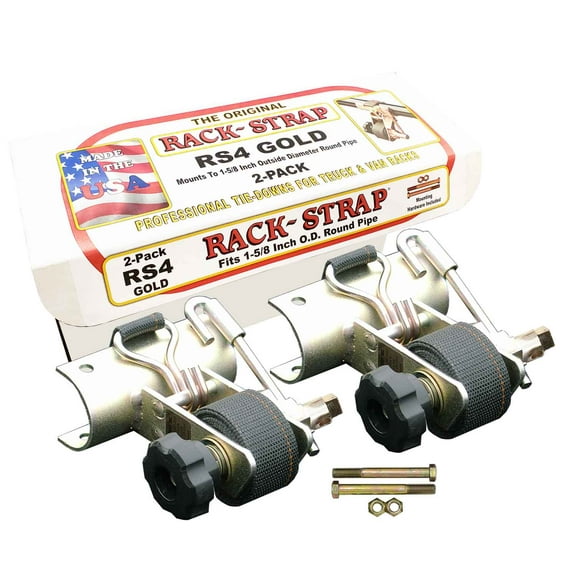2 Pack, Rack-Strap Ladder Rack Tie-Downs, Round Mounting Bracket, RS4 Gold 1-5/8 Inch Diameter Round Mounting Bracket, Bolt Mounting Hardware Included, 8 Foot Black Strap