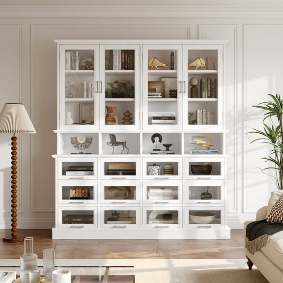 WIAWG 63" W China Cabinets with 12 Drawers, Modern Bookshelves and Bookcases, Glass Display Cabinet with Storage Cubes&Shelves for Living Room,Home Office,White