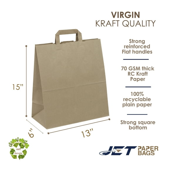 Jet Paper Bags 50 PCS 13" x 6" x 15"H Brown Kraft Paper Bags with Flat Handles-MAX