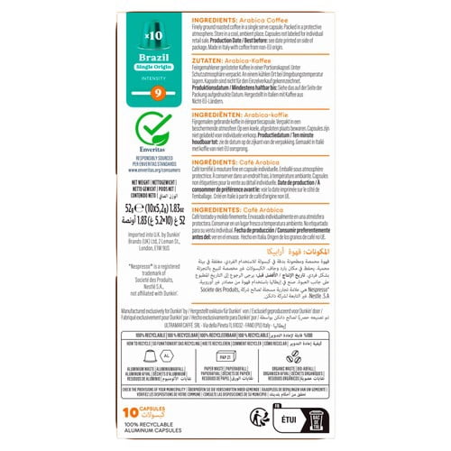 Dunkin Brazil Nespresso Compatible Coffee Pods, 10 pods per pack, British Import (Pack of 3)