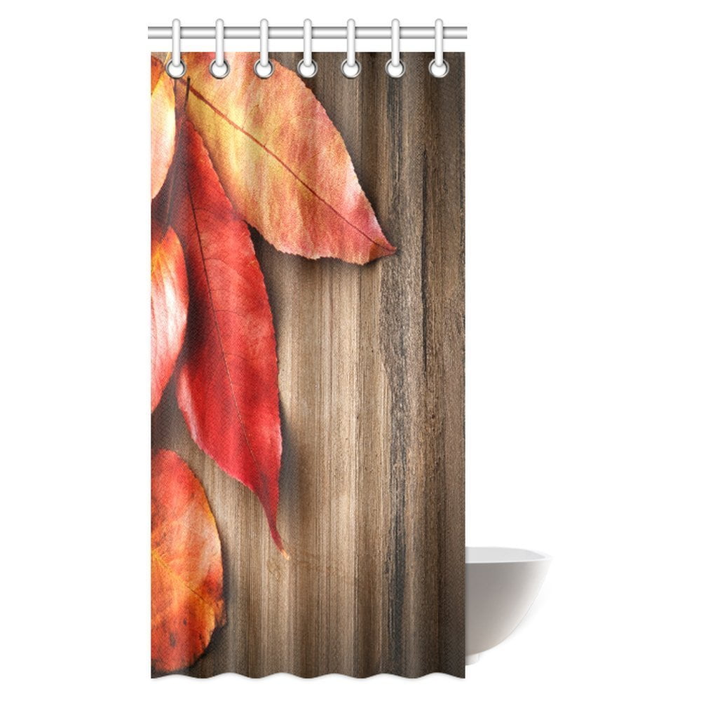 MYPOP Autumn Fall Shower Curtain, Autumn Leaves over Old Wood Fabric