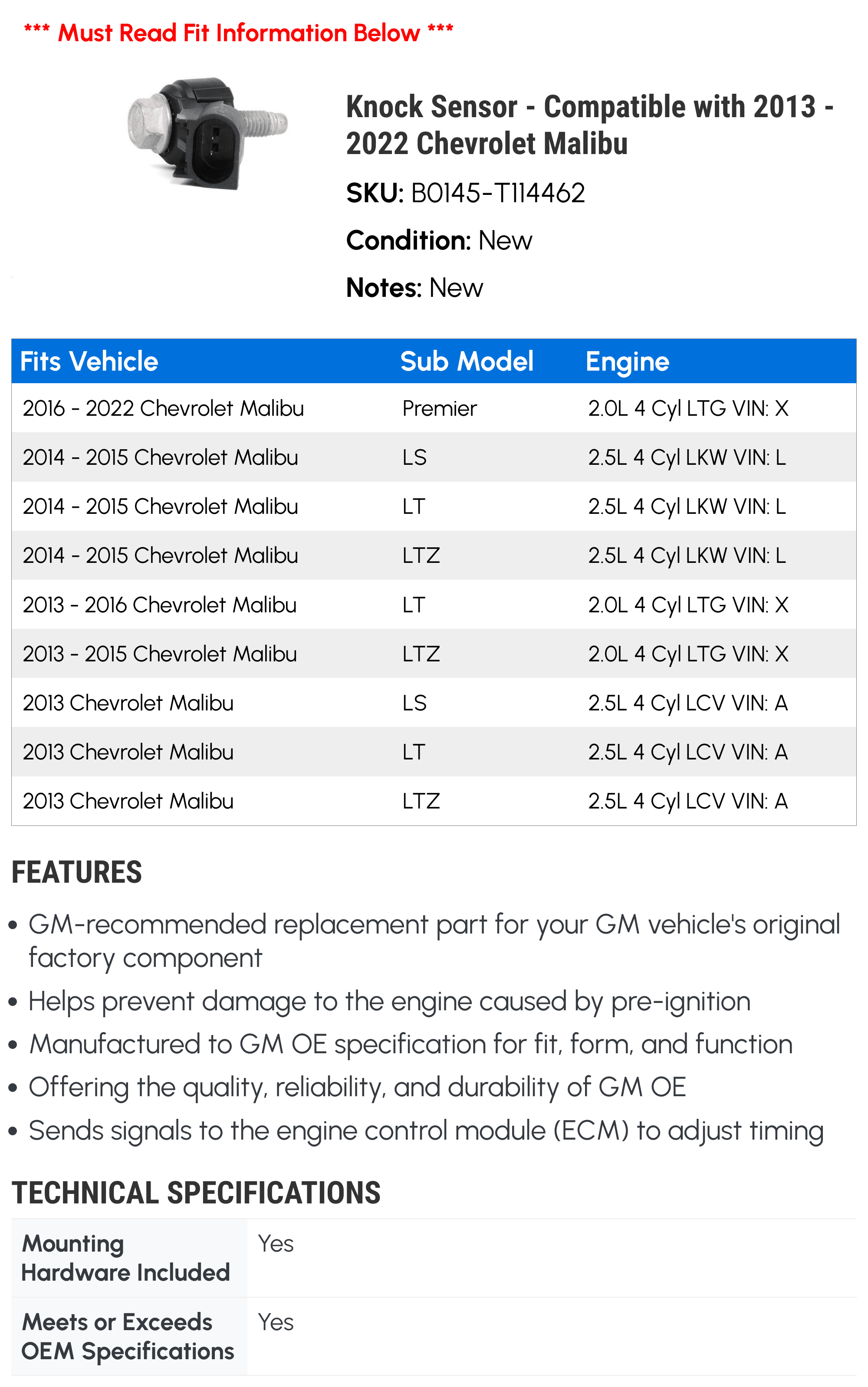 Knock Sensor - Compatible with 2013 - 2022 Chevy Malibu 2014 2015 2016 2017 2018 2019 2020 2021