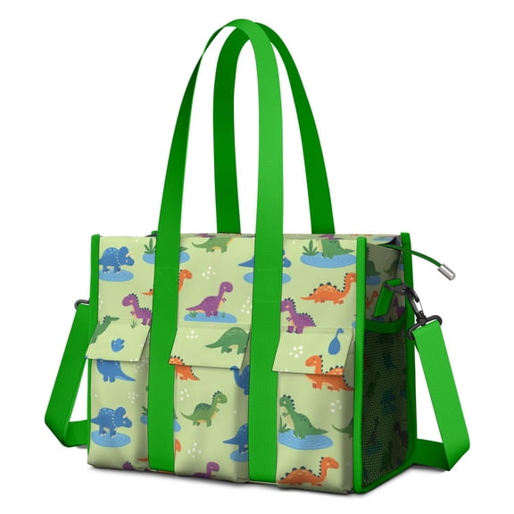 Teacher Tote Bag,Green Dinosaurs Ponds Pattern Teacher Utility Tote Bag,Large Work Tote Bags for Women with Multiple Pockets,Top Zipper Closure,13.8x10.6x6.7 Inch