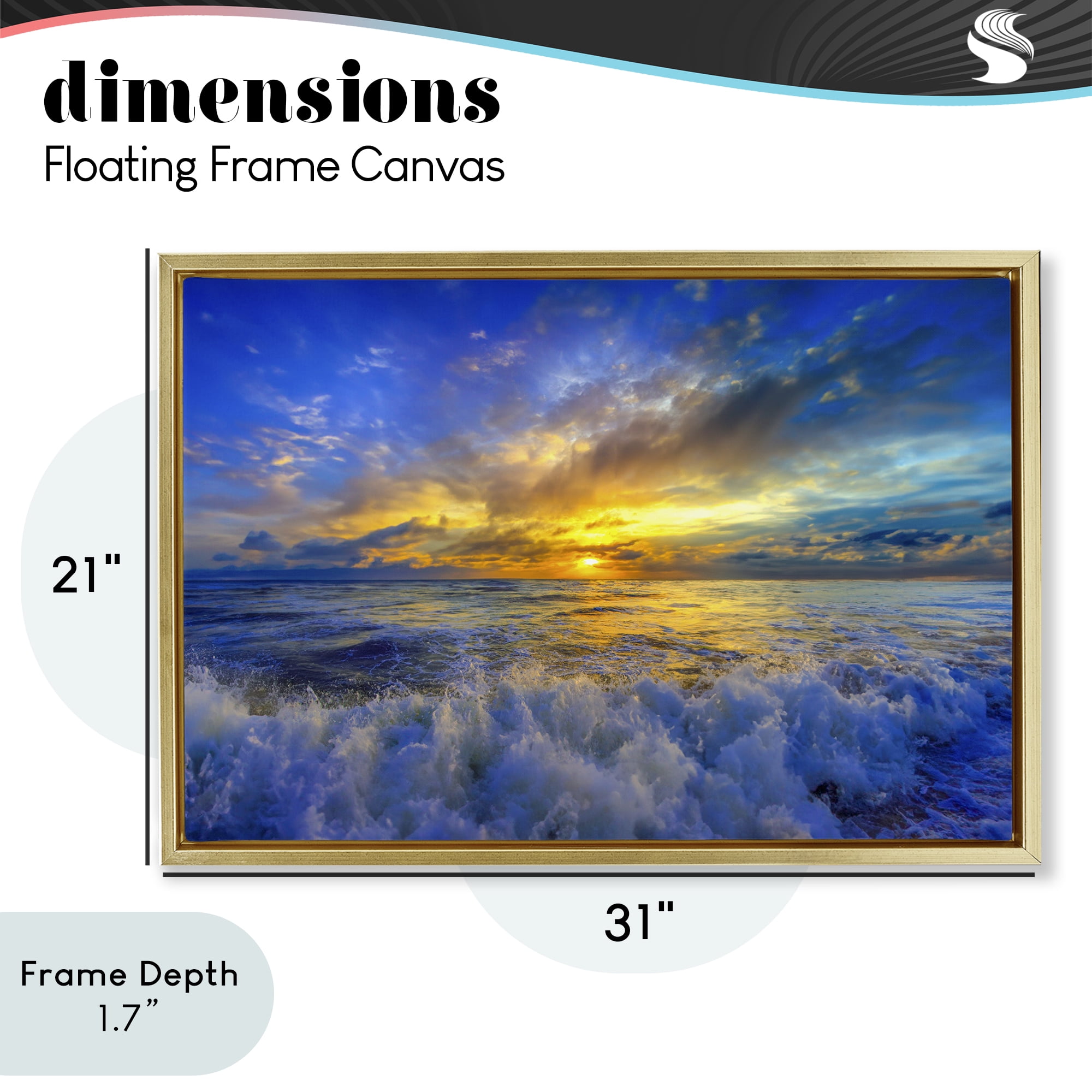 Stupell Industries Golden Blue Sunset over Waves Gold Framed Floater Canvas Wall Art, design by Eszra Tanner