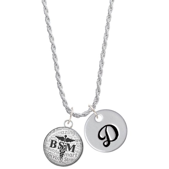 Delight Jewelry Silvertone Domed Black BSM Silvertone Script Initial Disc - D - Charm Necklace, 20"+3"