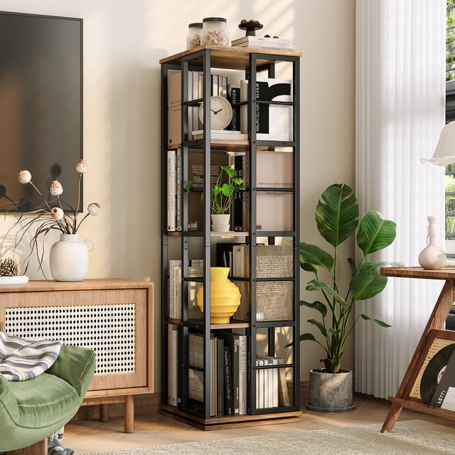 4-Tier Rotating Bookshelf, Freestanding Corner Bookshelf, 360° Spinning Bookcase, Industrial Style Storage Rack Swivel Bookcase Corner Storage Organizer for Living Room, Bedroom, Study