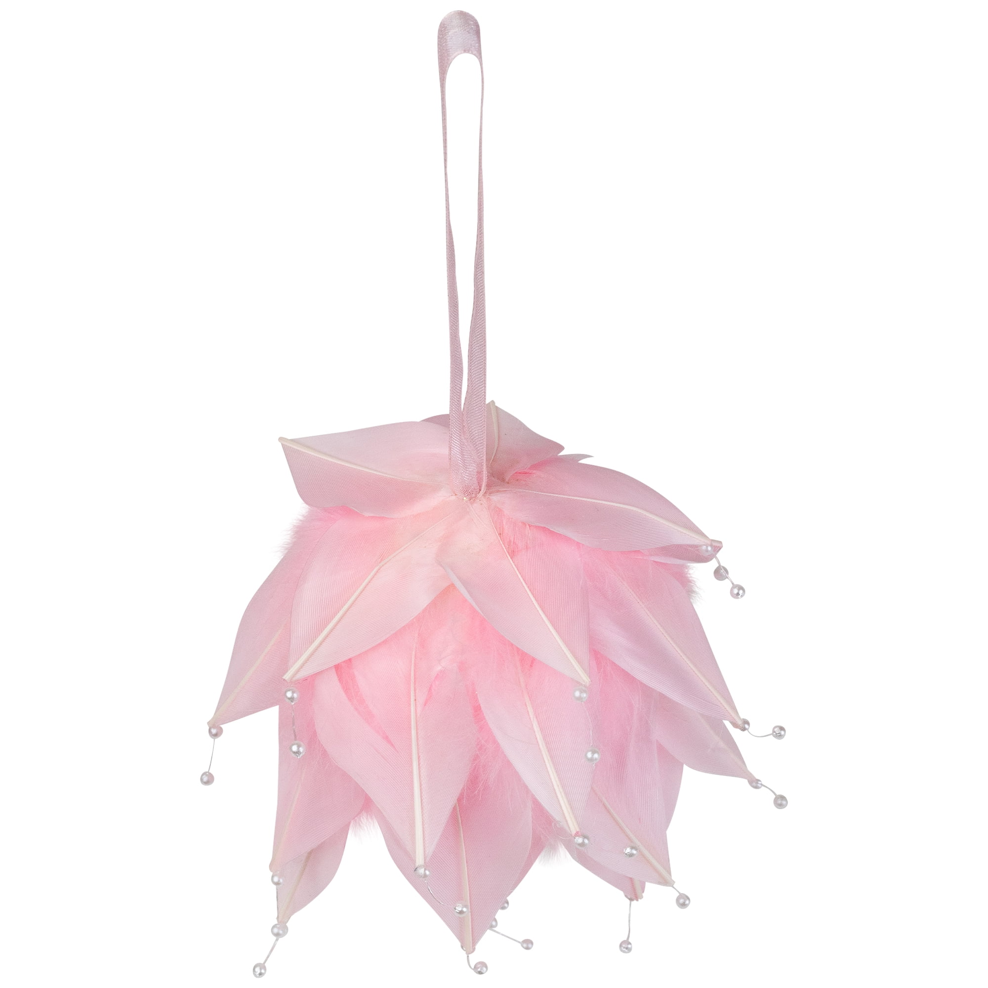 Feathered Ball with Pearls Christmas Ornament - 4.25" - Pink and White