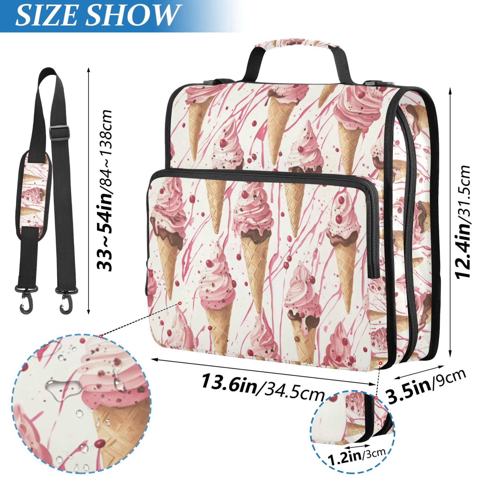 FORMRS Zipper Binder with Shoulder Strap 2-inch Ring 500 Sheet Capacity File Bag, Pink Ice Cream Pattern