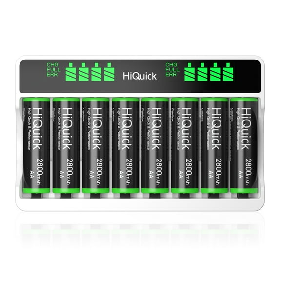 HiQuick Rechargeable AA Batteries 2800mAh 1.2V NiMH 8 Counts with 8 Bay AA AAA Battery Charger for Ni-MH Ni-CD Rechargeable Batteries