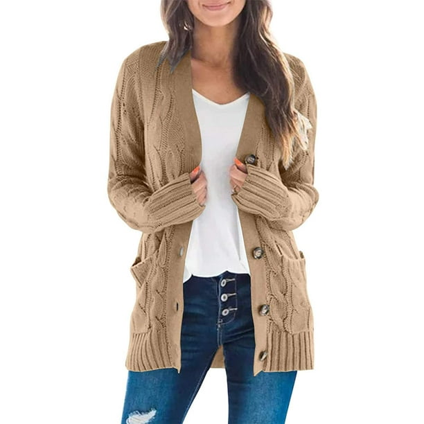 Jersey tipo cárdigan PRETTYGARDEN para mujer, tejido trenzado, color caqui, talla L
