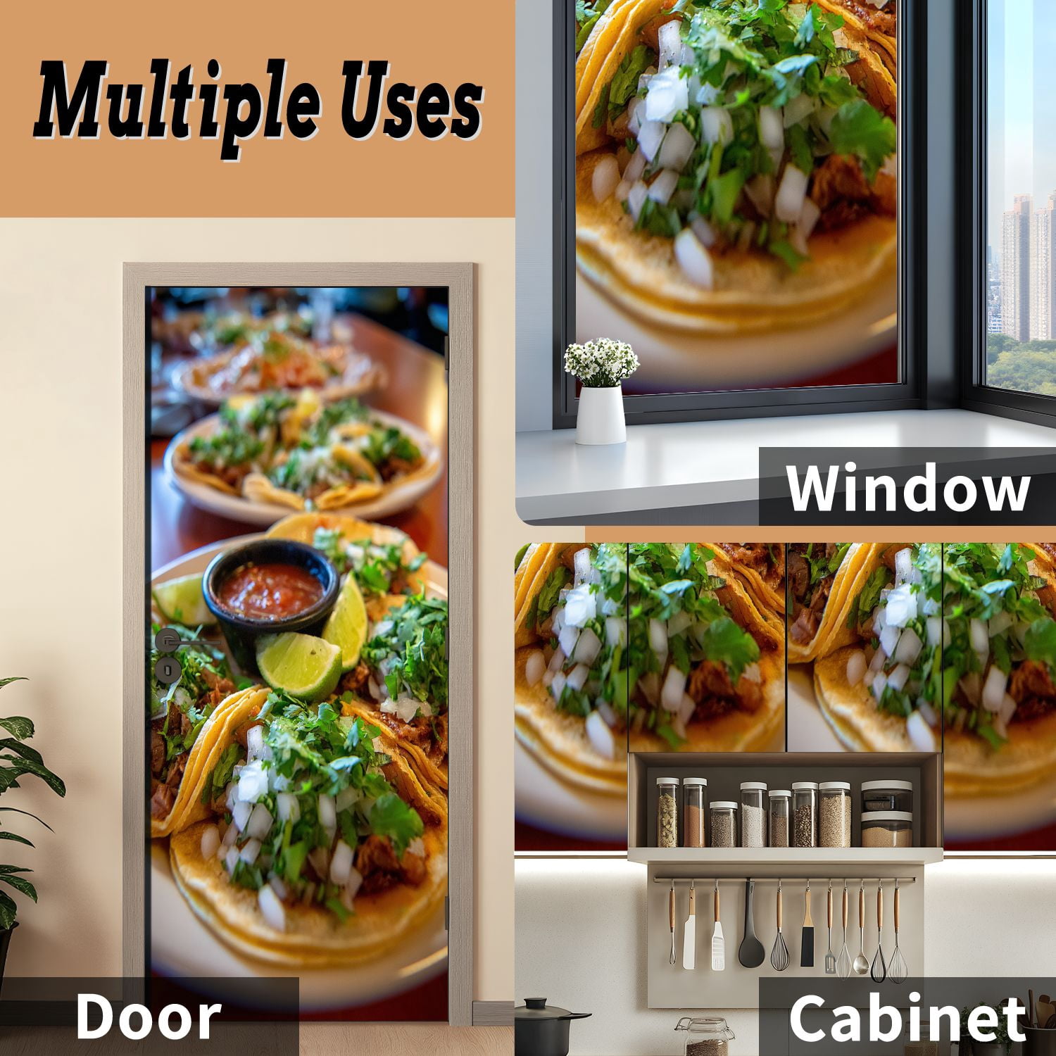 Self Adhesive Vinyl Refrigerator Wrap Set Mexican tacos restaurant tacos Door Mural Removable Fridge Sticker Peel and Stick&nbsp;Full Door Cover Decal Kitchen Bar Decor
