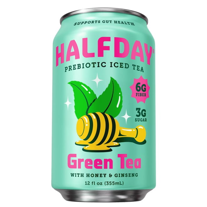 (12 pack) Halfday Prebiotic Green Iced Tea with Honey & Ginseng, 6g Fiber, 3g Sugar, 30 Cal, 12 fl oz
