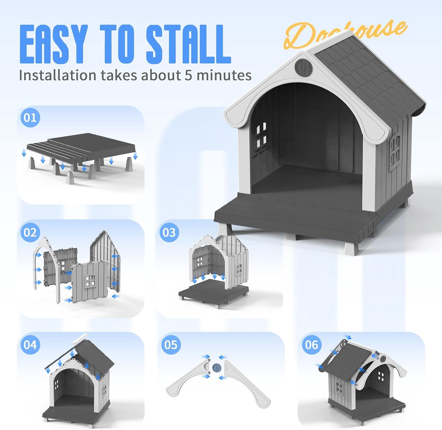 ZUCONKITCH Indoor/Outdoor Elevated Dog House with Porch, Weather-Resistant Pet Shelter with Sloped Roof & Ventilation, Durable Dog Kennel for Medium to Large Dogs