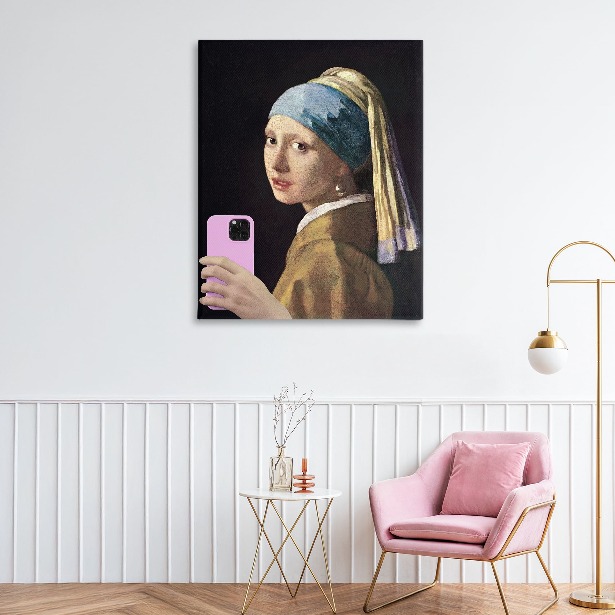 Girl With Pink Phone Funny Canvas Wall Art, design by Masters Redux